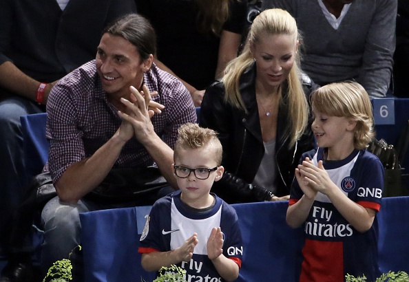 French football club Paris Saint-Germain's (PSG) Swedish forward Zlatan Ibrahimovic, his wife and children, attend the final match of the ninth and final ATP World Tour Masters 1000 indoor tennis tournament on November 3, 2013 at the Bercy Palais-Omnisport (POPB) in Paris. AFP PHOTO / KENZO TRIBOUILLARD        (Photo credit should read KENZO TRIBOUILLARD/AFP/Getty Images)